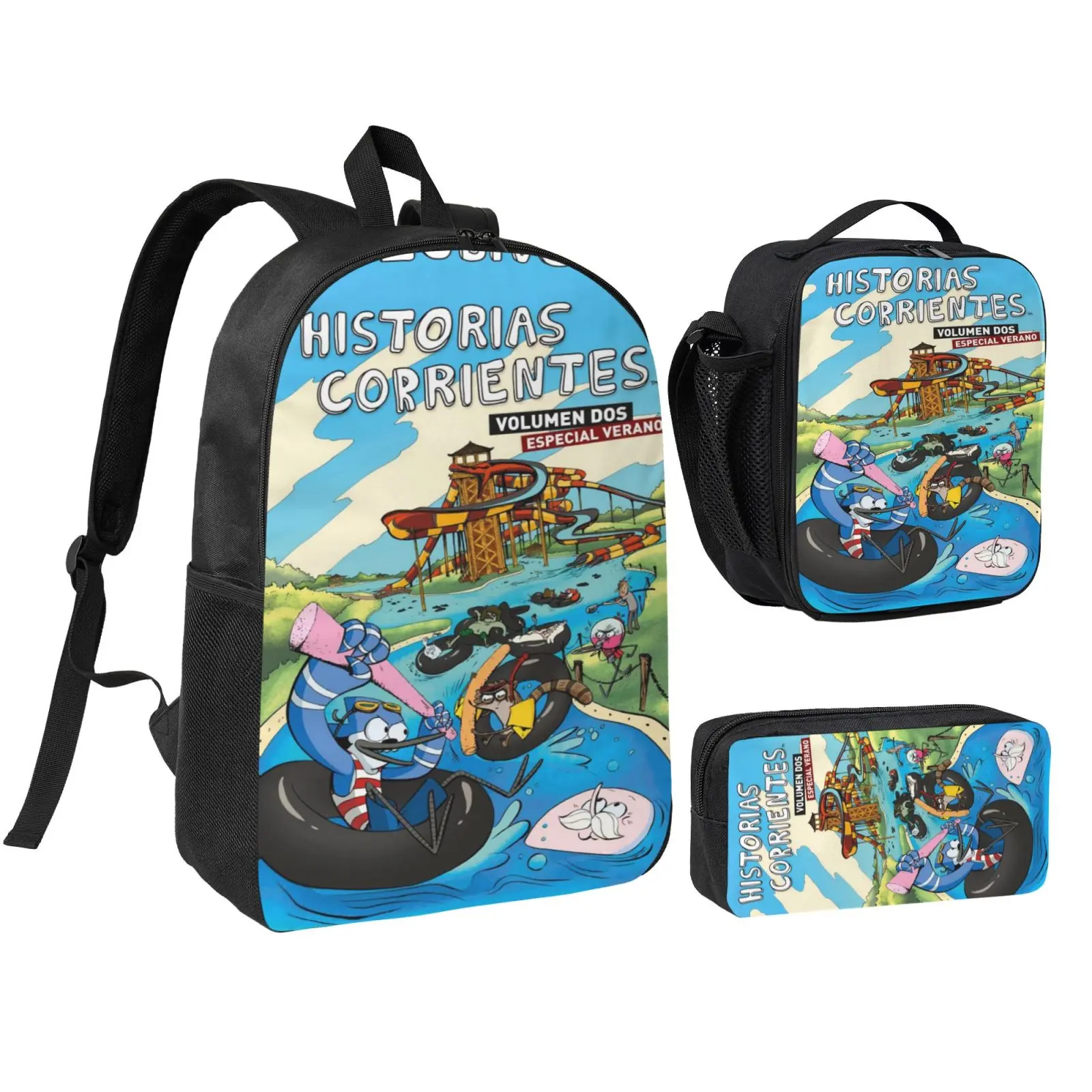 3 Piece Backpack Set for Boys & Girls, Casual Regular Show Printed Daypack with Insulated Lunch Tote and Pencil Case for Hiking, School, Pencil Pouch, Teens, Waterproof, Side Pockets, Daily Commute, Large Capacity