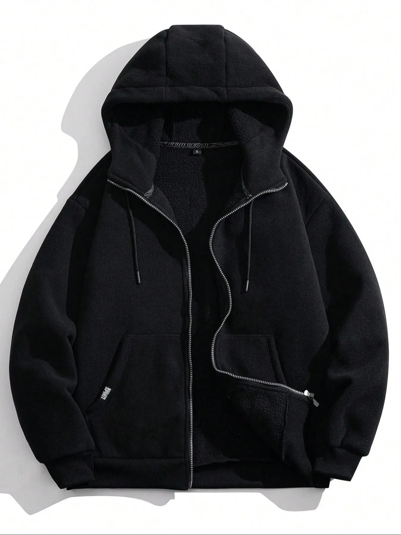 Men's Solid Pocket Drawstring Zip Up Hooded Jacket, Fitted Regular Fit Casual Long Sleeve Thick Soft Thermal Lined Outerwear for Fall & Winter, Men's Clothes for Daily Wear, Tops, Menswear, Zipper, Casual Hoodie Jacket