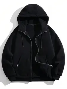 Men's Solid Pocket Drawstring Zip Up Hooded Jacket, Regular Fit Casual Long Sleeve Thick Thermal Lined Outerwear for Fall & Winter, Men's Clothes for Daily Wear, Zipper