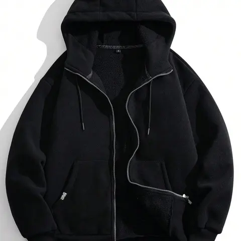 Men's Solid Pocket Drawstring Zip Up Hooded Jacket, Fitted Regular Fit Casual Long Sleeve Thick Soft Thermal Lined Outerwear for Fall & Winter, Men's Clothes for Daily Wear, Tops, Menswear, Zipper, Casual Hoodie Jacket