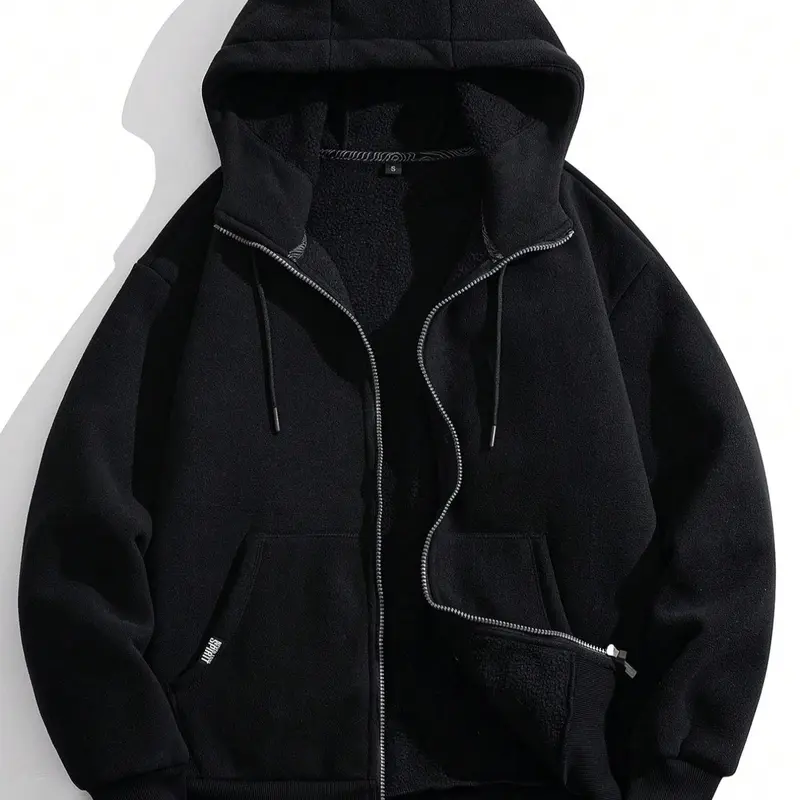 Men's Solid Pocket Drawstring Zip Up Hooded Jacket, Fitted Regular Fit Casual Long Sleeve Thick Soft Thermal Lined Outerwear for Fall & Winter, Men's Clothes for Daily Wear, Tops, Menswear, Zipper, Casual Hoodie Jacket