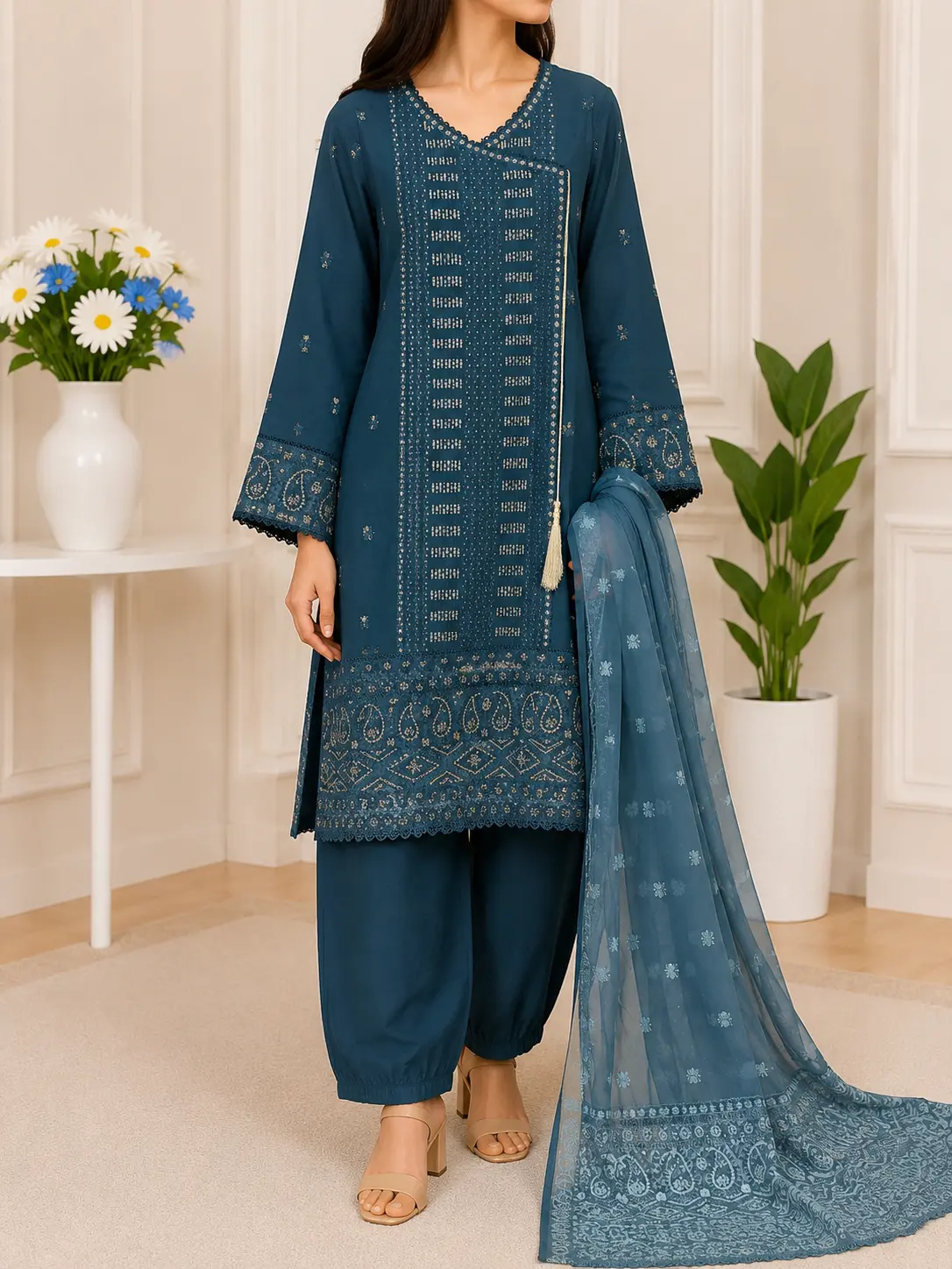 Women's Traditional Teal Pakistani 3-Piece Clothes Set - Elegant Embroidered Kurta Shirt, Matching Trouser, Lightweight Chiffon Dupatta, Graceful Women's Ethnic Wear, Women's Clothes