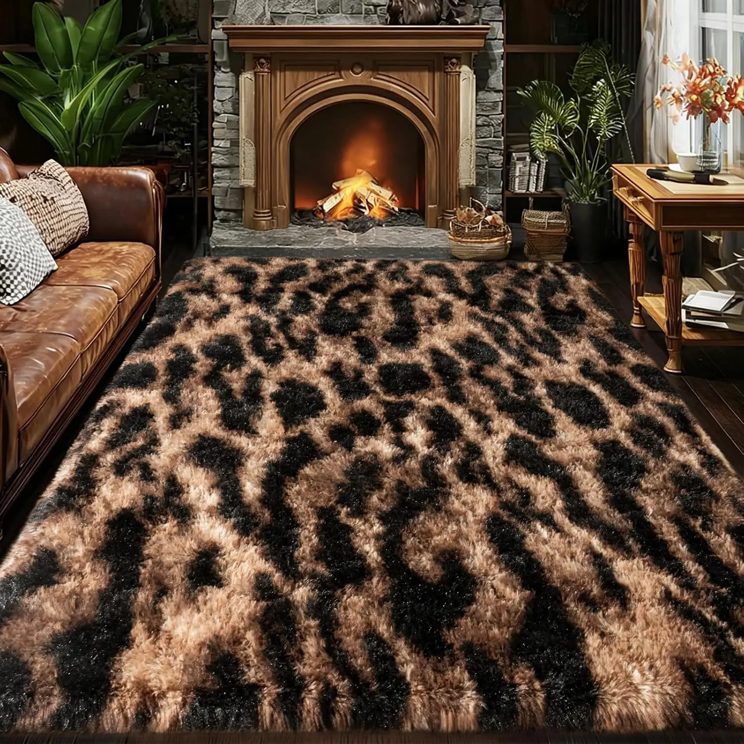 REZUTAN Leopard Design Area Rug - Soft Cozy Polyester Fiber Indoor Rug for Bedroom - Chic Home Decor Wild Look Accent Piece for Modern Interior