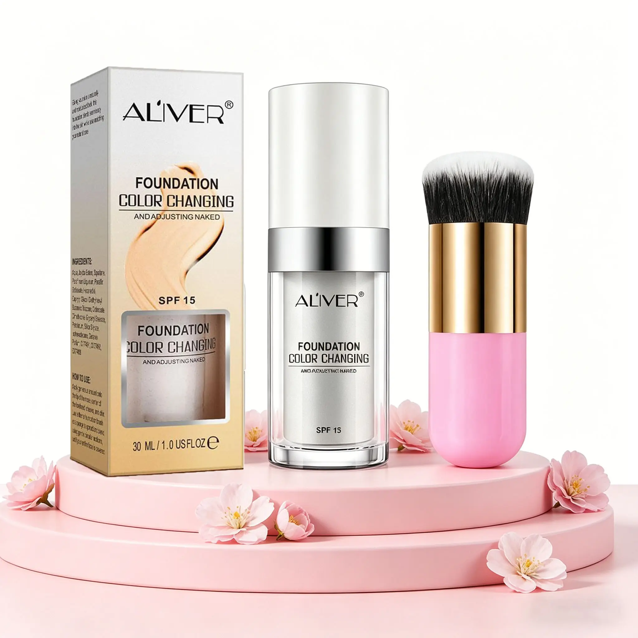 Aliver Color-Changing Foundation Liquid SPF UV 30ML with Brush, Flawless Coverage Foundation, Flawless Complexion, 2-Piece Set, Easy Application, Makeup Tools, Base Makeup Kit, Flawless Finish Makeup, Flawless