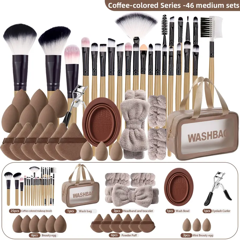 46-Piece Women's Professional Cosmetics Brushes Set Makeup Brush with Storage Bag, Includes Brushes, Sponges, Hair Bands, Perfect for Travel and Daily Use, Makeup Tools Set, Makeup Brushes Kits