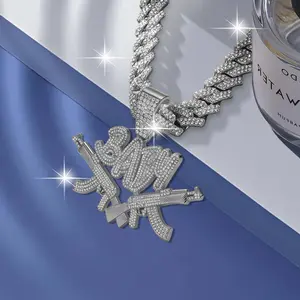 Dual Guns Baby Pendant Miami Cuban Link Chain Necklace Iced Out Bling Rhinestone Hip Hop Jewelry for Men Women
