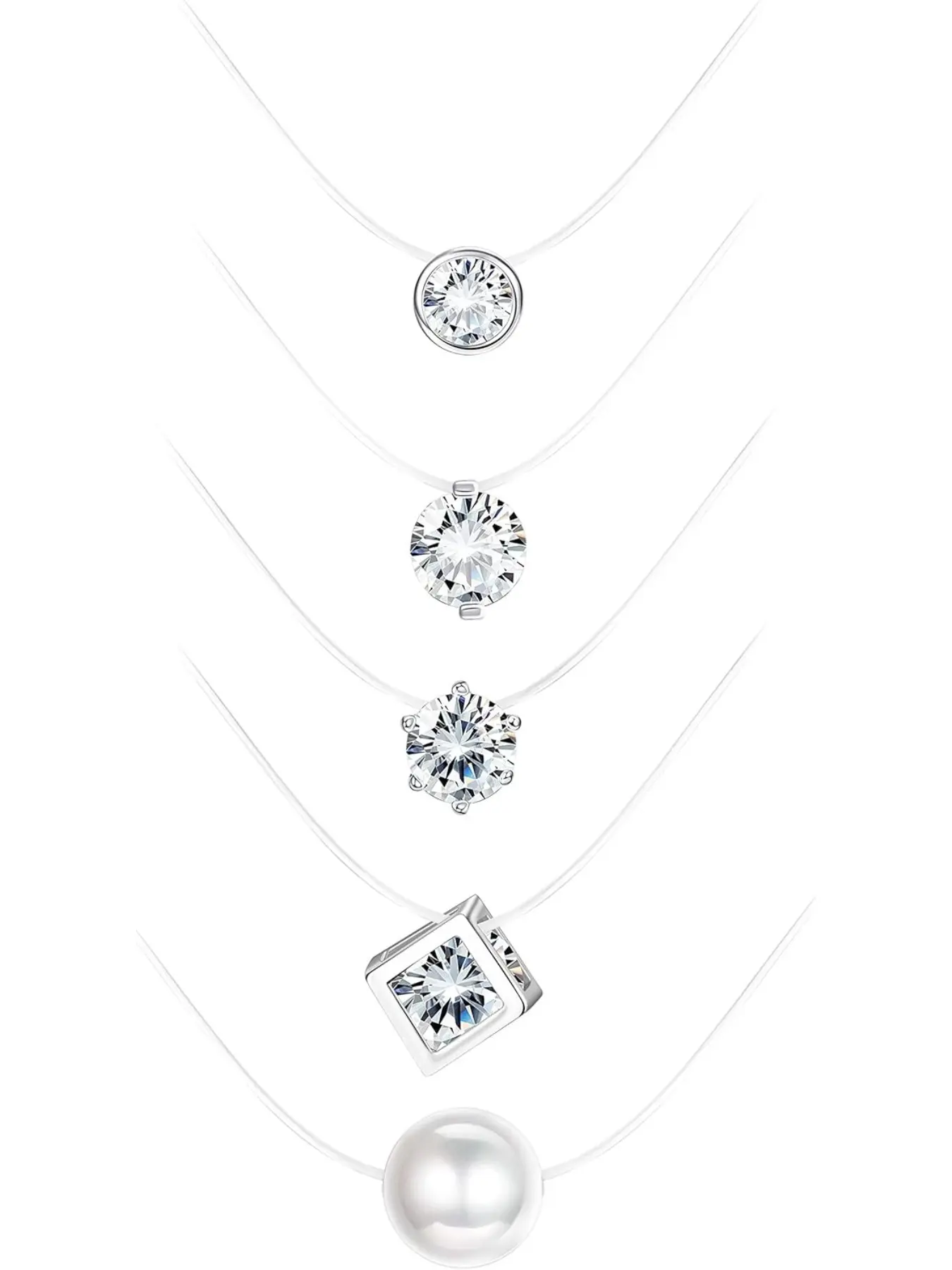5Pcs Transparent Fishing Line Necklace Solitaire Dazzling Zircon Clear Pearl Choker Necklace