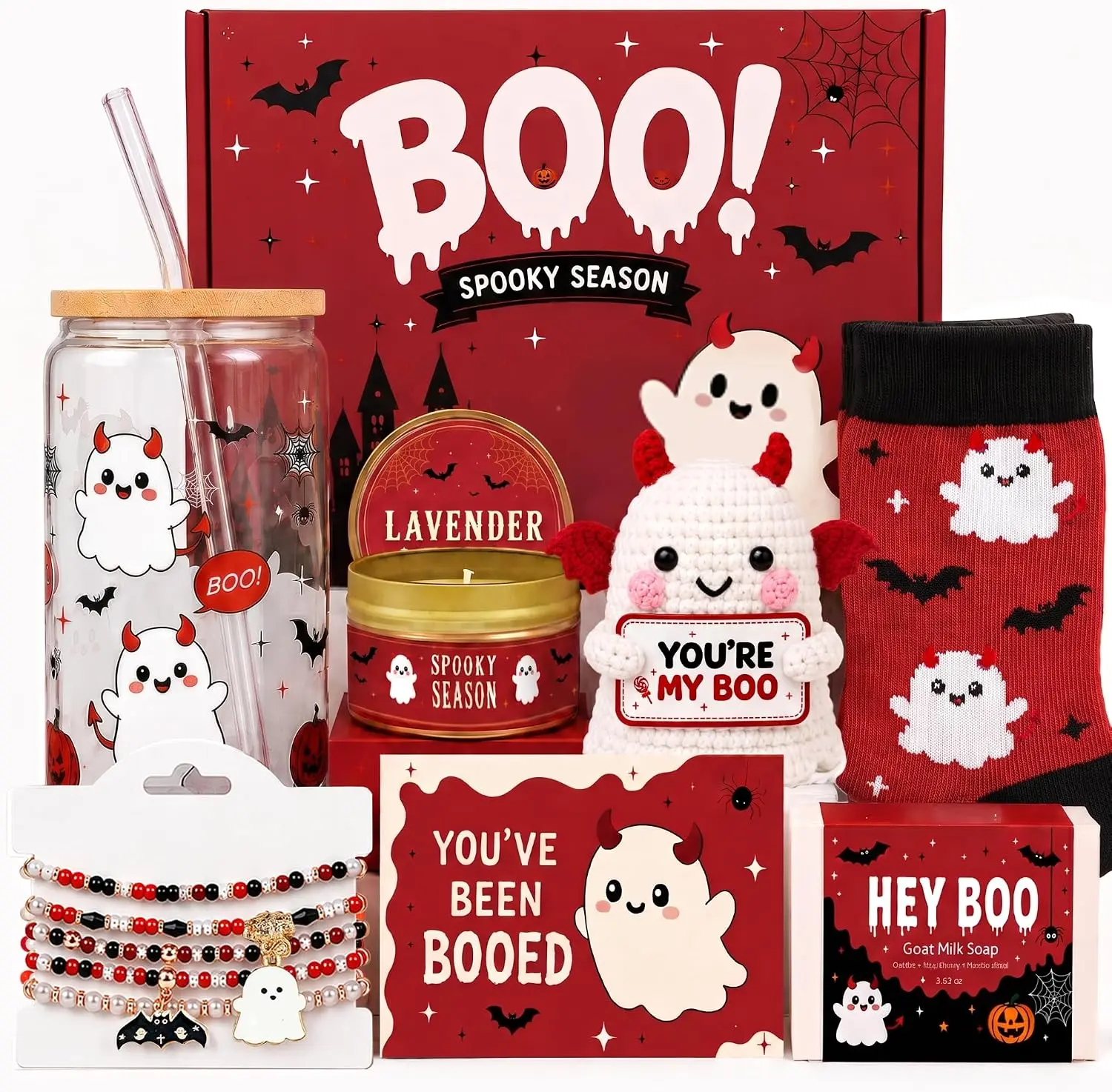 Boo Basket Stuffers for Women, Halloween Gifts W Spooky Glass Cup | Cute Halloween Boo Basket Gifts for Women Teen Girls Her Friend Girlfriend
