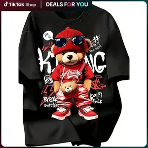 Men's Cotton Graphic Tee Casual Crew Neck Short Sleeve T-Shirt with Bear Print All-Season Knit Fabric Pullover Regular Fit