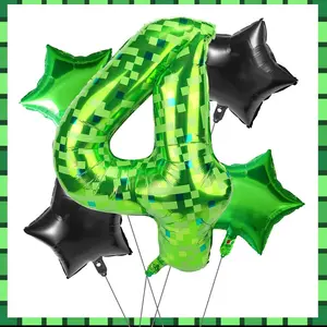 Green Pixel Number 4 Balloons Set, 5-Piece 40-Inch Foil Balloons for 4th Birthday Party