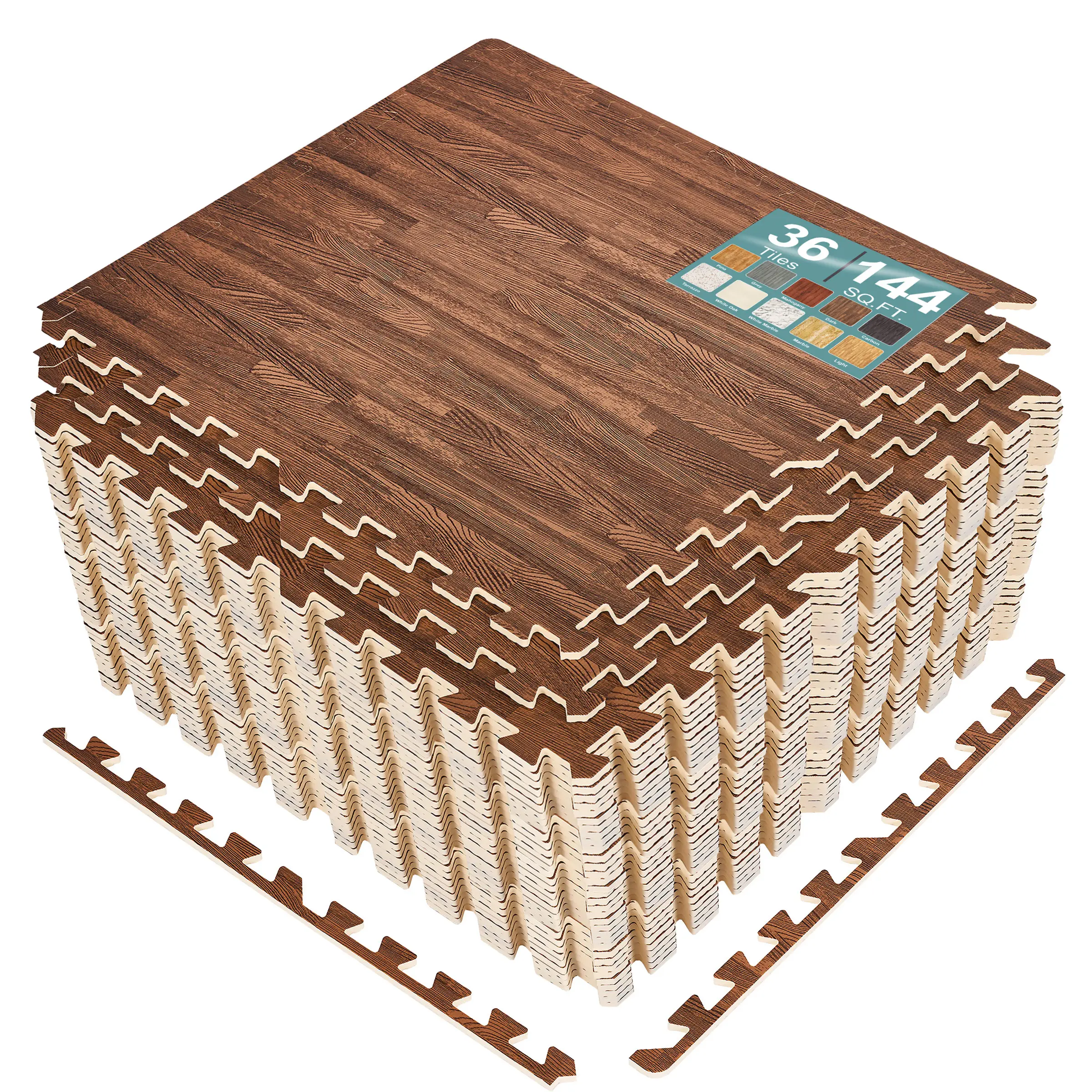 Sorbus Wood Grain Floor Tiles 80, 120, and 144 Sq. Ft. Foam Mat EVA Interlocking Mats Tile 3/8-Inch Thick Flooring Wood Puzzle Exercise Mats w/ Borders - Home Playroom Basement, Apartment, Trade Show, Baby, Dance