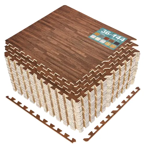 Sorbus Mid Century Modern Waterproof PE Home Decoration Mat - 3/8-in Thick Wrinkle Resistant EVA Interlocking Faux Wood Mix & Match Tiles, 80-144 Sq Ft Sets W/Borders, Fast DIY Install for Home Playroom/Basement