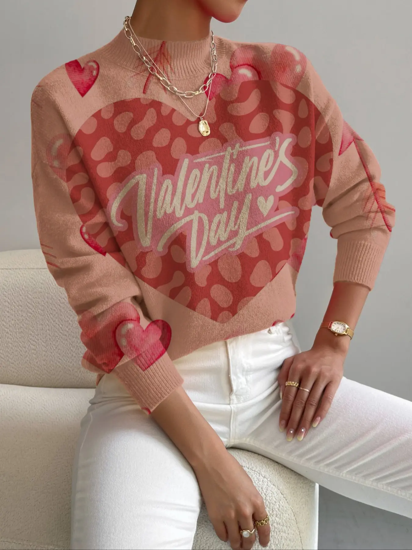Women's Valentine's Day Heart Print Sweater, Casual Elegant Knitwear for Fall & Winter, Perfect for Holiday and Commuting
