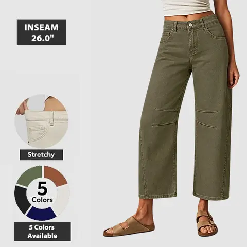 Flamingals Solid Stitch Detail Mid Waist Crop Baby Barrel Pants Without Belt Casual
