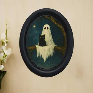 Halloween Ghost & Cat Wall Art Decor, Spooky Night Scene for Home Office Decoration, Perfect for Holiday Display