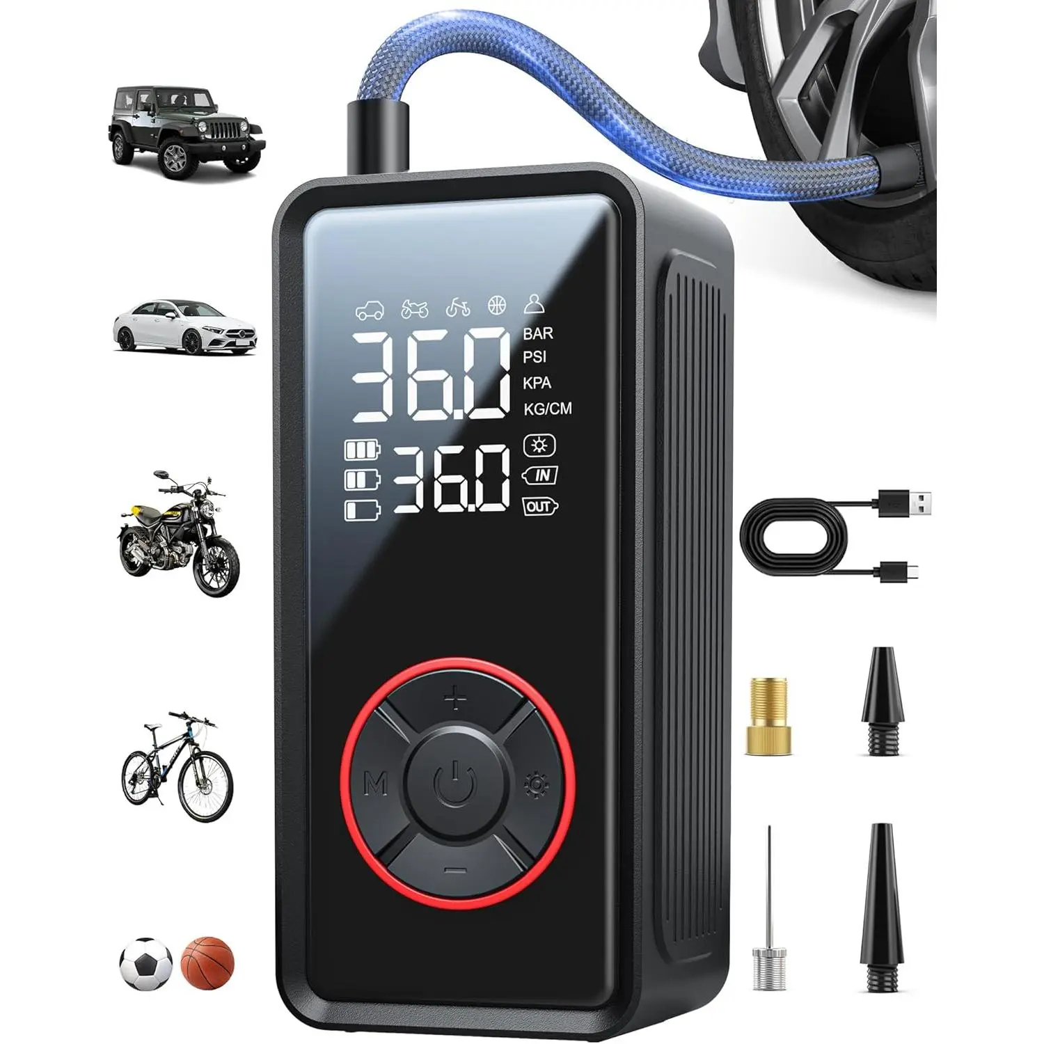Cordless Tire Inflator - Portable Air Compressor with 3X Faster Inflation, LED Light, Auto Shut-Off, 4 Nozzles for Car, Ball Sports, Black, Ideal Gift for Men