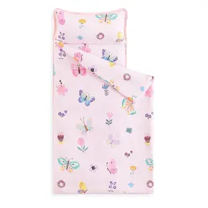 Toddler Nap Mat with Pillow and Blanket for Kids Girls in Kindergarten Daycare Preschool Pre K, Roll Up Sleeping Bag, Cute Butterfly Flowers, Pink, Standard