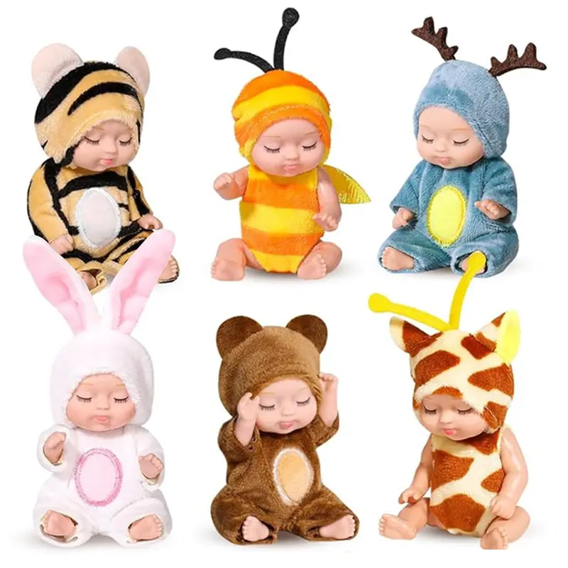 6 Pcs Mini Baby Dolls Lifelike Realistic Tiny Baby Dolls with Animal Clothes Cute Infant Figurine Gifts Set for Kids Graduation Birthday Easter