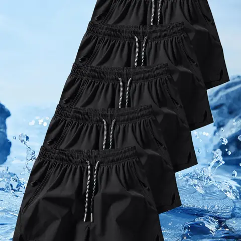 Men's Solid Color Zipper Pocket Beach Shorts, Breathable Quick Drying Drawstring Waist Swim Shorts, Pockets Swimming Shorts, Beach Swim Trunks, Casual Comfy Men's Shorts for Summer Beach Vacation, Outdoor, Swimming Trunks, Swimwear Shorts