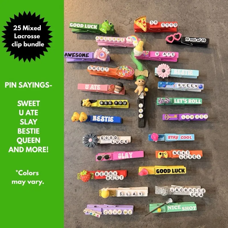 25 Mixed backpack lacrosse clip bundle - Handmade Wooden Clothes Pins perfect for clipping backpack at your next lax tournament , game or practice .