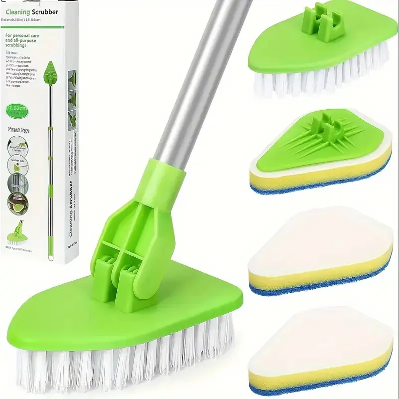 5-Piece Long Handle Shower Household Cleaning Brush Set, Extendable Bath Tub and Tile Floor Scrubber, 3 Sponge Brushes and 1 Hard Bristle Brush, Bathroom Cleaning Kit Tools