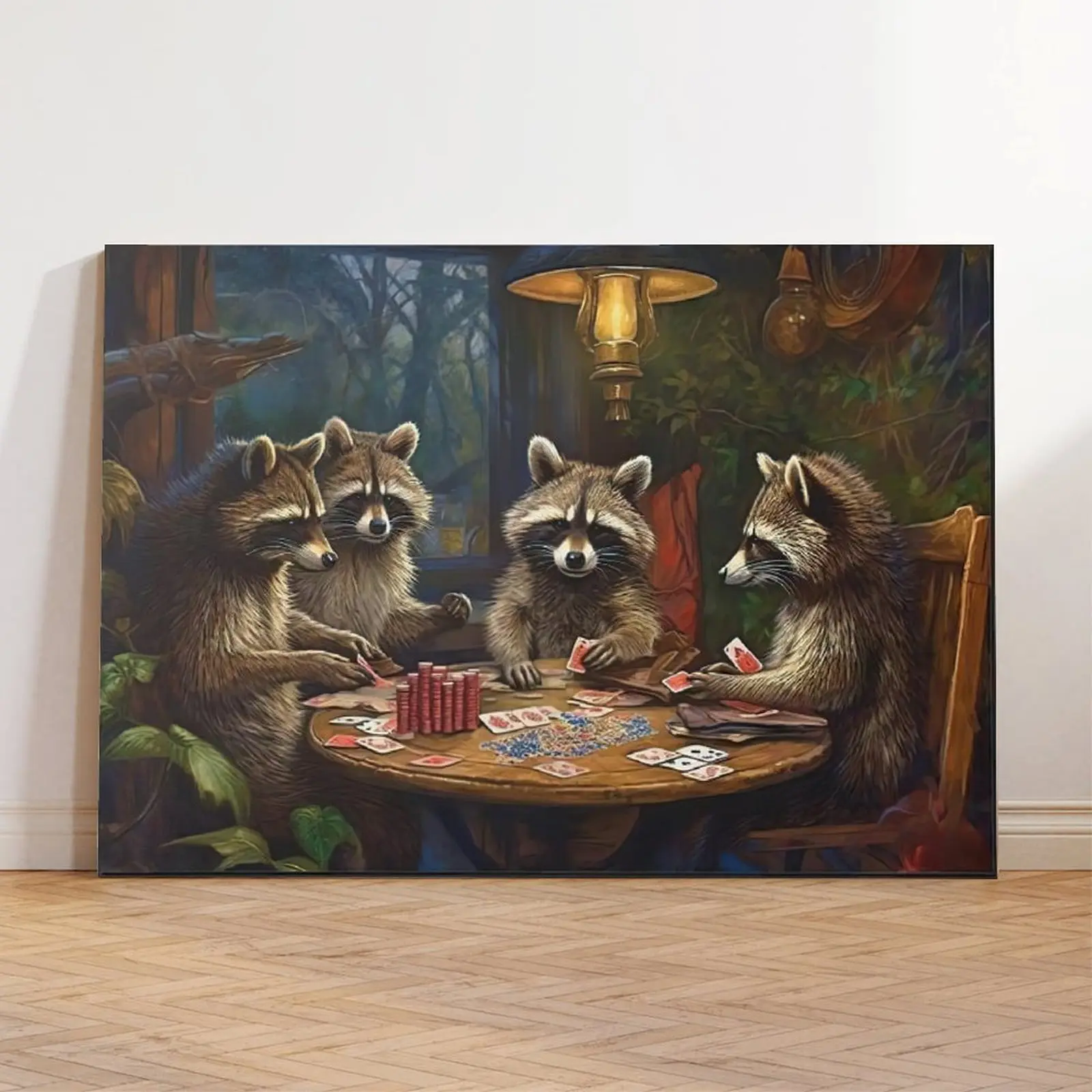 Funny Raccoons Playing Poker Canvas Wall Art, Vintage Animal Poker Game Oil Painting Print, Man Cave Bar Room Decor Unframed Canvas Poster or Framed Canvas Wrap