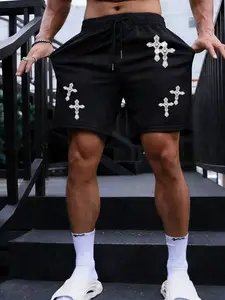 Men's Luxurious Cross Streetwear Sports Shorts, Casual Athletic Shorts, Silver Color Print, Drawstring Waist, Soft Cotton Blend Fabric, Y2K Dark Gothic Style