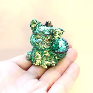 Moody Emerald Geode Dinocat Figure. Handmade Resin Art Toy Mini Fig / Adorable Cat Dinosaur / Desk Decoration Collectable / Chibi