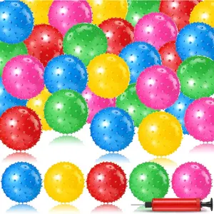 64 Pieces 6.3 Inch Knobby Sensory Balls for Kids with Air Pump Small Inflatable Bouncy Soft Spiky Toddler Bounce Party Favors Summer Beach Pool Baby Massage Stress Play Set 5 Colors
