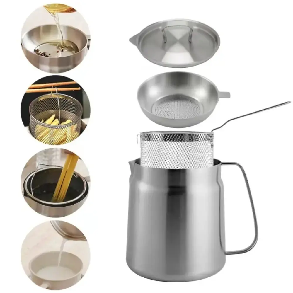 304 Stainless Steel Deep Fryer Pot with Basket & Strainer, Large Capacity Bacon Grease Container for Kitchen,Frying, Cooking, Camping,Oil Filter Container - Dishwasher Safe