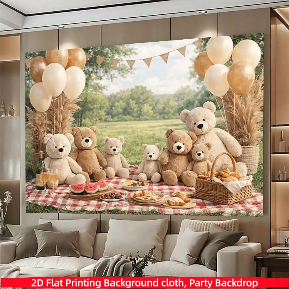 1PC， Teddy Bear Picnic Polyester Background Banner, suitable for living rooms, bedrooms, offices, birthdays, anniversaries, home decor, outdoor and indoor parties, photography background fabric, birthday party supplies