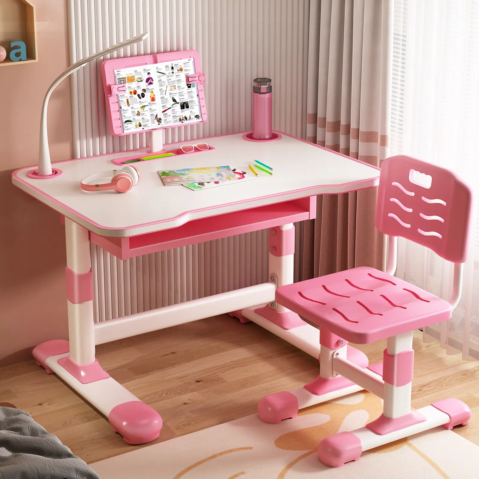 Kids Study Desk Chair Set, Height Adjustable Toddlers Writing Table with Tiltable Reading Stand LED Table Light, Living Room Bedroom Children Learning Table with Extra Large Drawer Furniture Cute