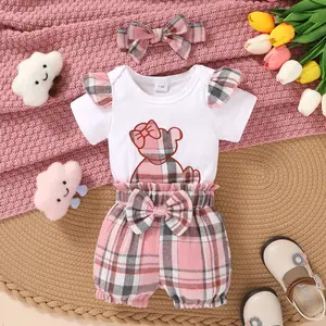 Adorable Baby Girl Outfit Set - 3-Piece Soft Comfortable Jumpsuit with Cartoon Bear Decal Embroidered Ruffle Edge Checkered Sports Shorts & Headband for Casual Wear