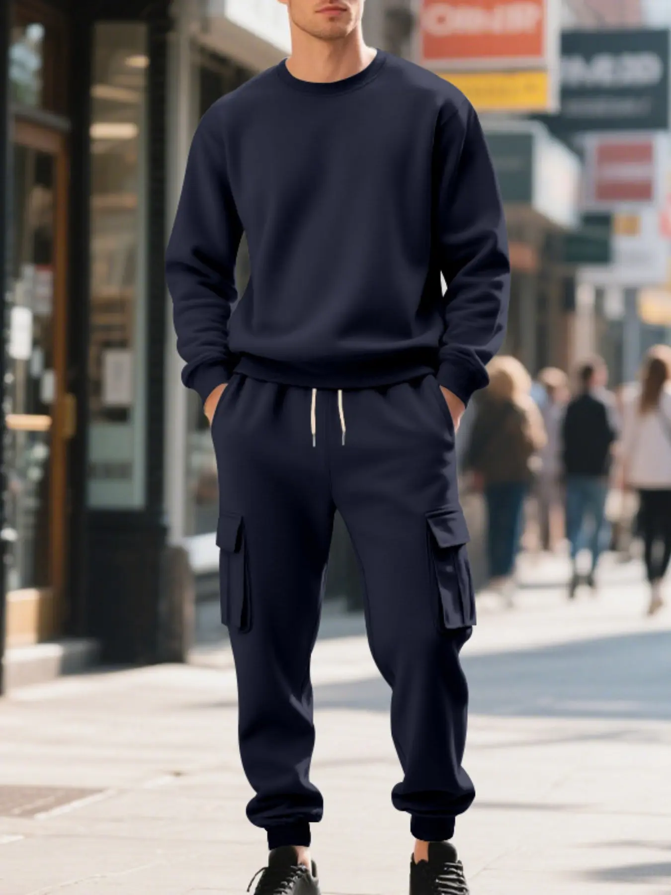 Men's Fleece Lined Tracksuit Set - Crew Neck Long Sleeve Solid Color Sweatshirt & Cargo Pants, Soft Warm Athletic Outdoor Loungewear, Athleisure Set, Perfect for Fall Winter Daily Sports