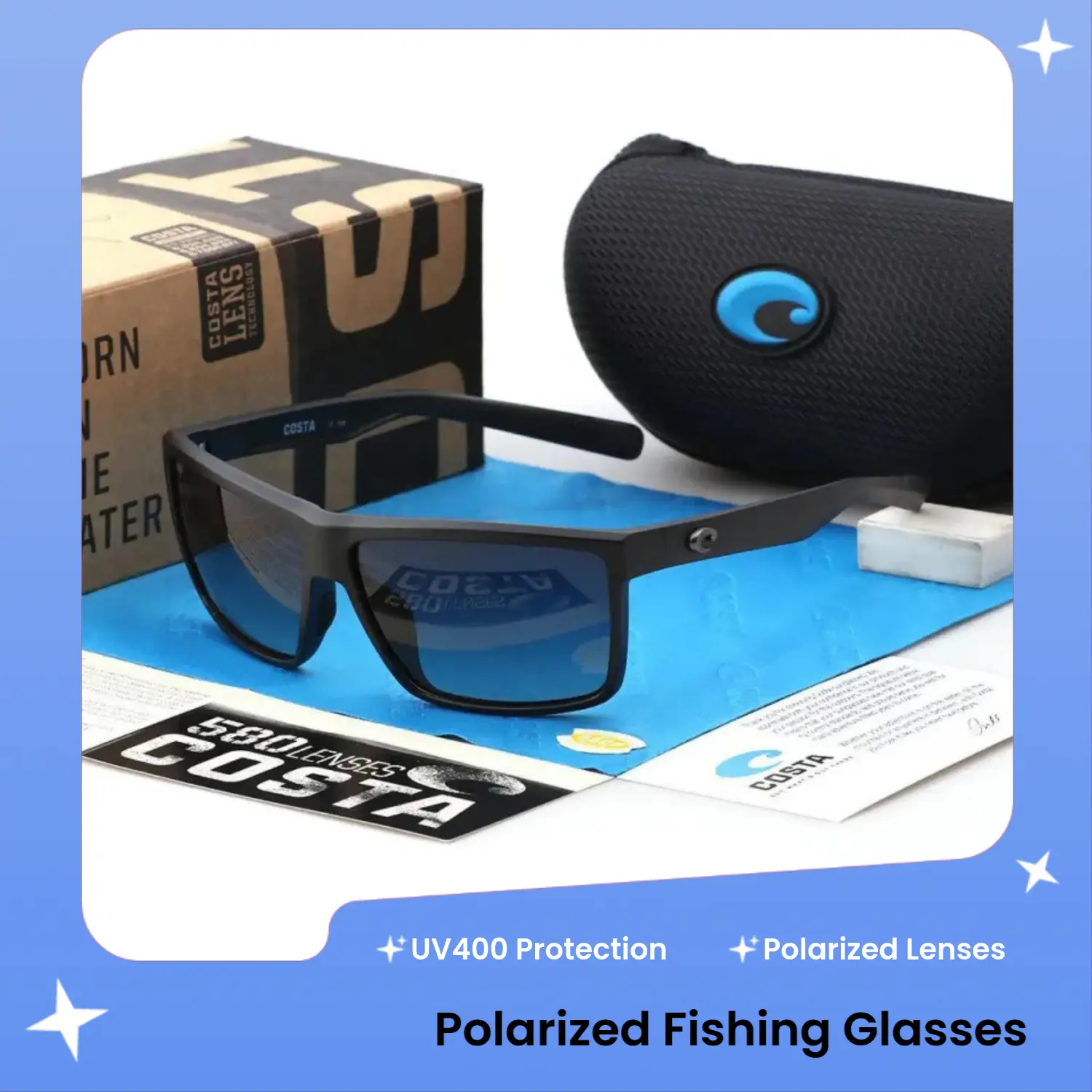 Costa Del Mar Polarized Sunglasses Blue Mirror Lens Camo Frame UV400 Fishing Boating Outdoor Eyewear