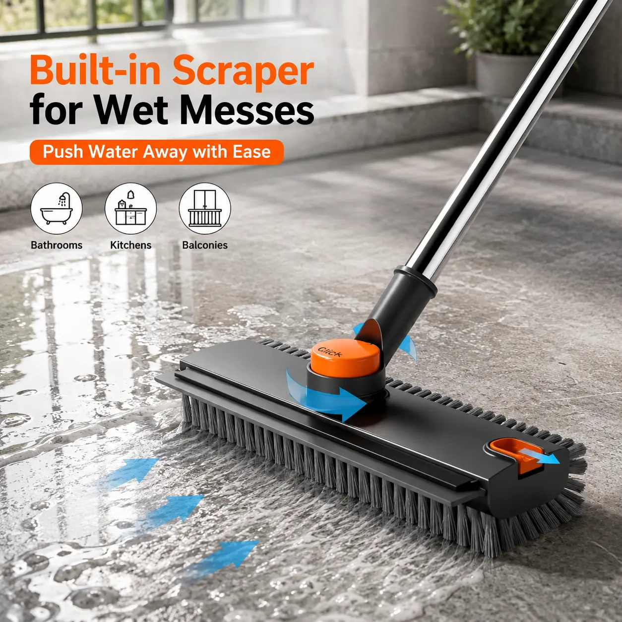 3-in-1 Rotatable Silicone Scrub Brush Tool with Adjustable Handle, Floor Cleaning Squeegee for Bathtub, Tile