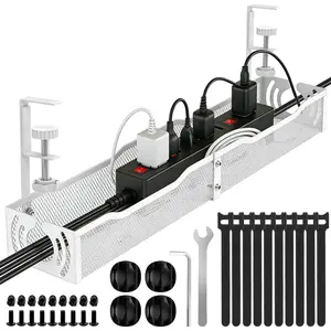 Management, 25.3'' Under Desk  Management Tray No Drill, Metal  Organizer with Clamp for Wire Management, Cord Organizer for  Office, Desk Accessories Organizer, White