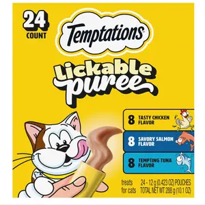 Temptations Creamy Puree Squeezable Lickable Cat Treats, Wet Cat Treats with Chicken, Salmon, and Tuna Variety Pack, 0.42 oz. Tubes, 24 Count