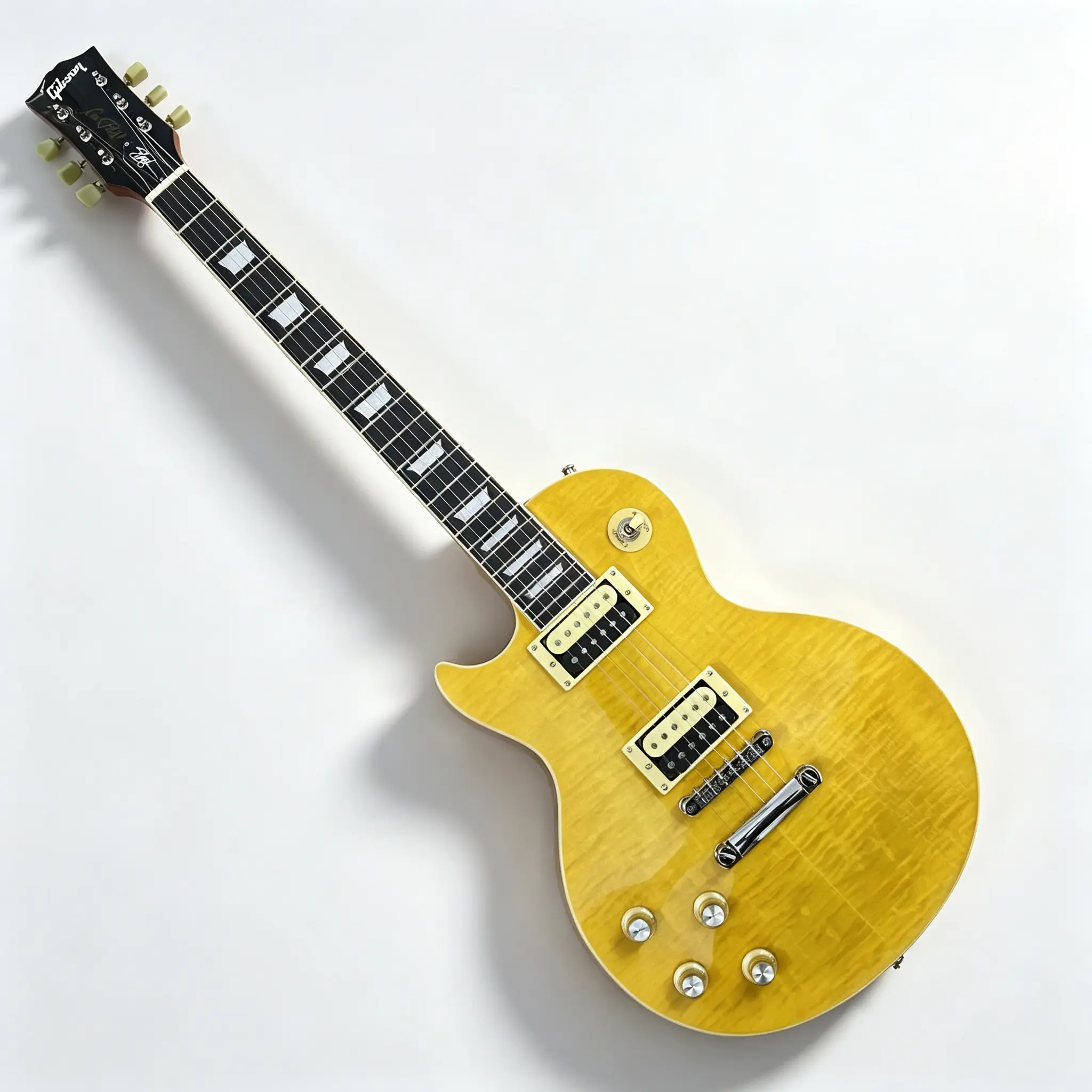 Left-Hand Guitar - 6-String, Yellow, Flame Maple Top, Rosewood Fretboard, Mahogany Body, 22 Frets, Chrome Hardware, Sleek Musical Instrument for Performance, Rich Resonant Sound, 6-String Chrome Hardware