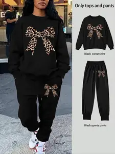 Women's Leopard Bow Print Sweatshirt Set, Long Sleeve Round Neck Top, Drawstring Pants, Casual Fitted for Fall Winter