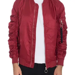 Men’s Red Bomber Jacket with Ruched Sleeves and Zipper Detail