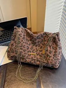 Soft Vintage Corduroy Leopard Print Chain Tote Bag Women Stylish Oversized Capacity Daily Commute Lazy Style Shoulder Crossbody Versatile Handbag