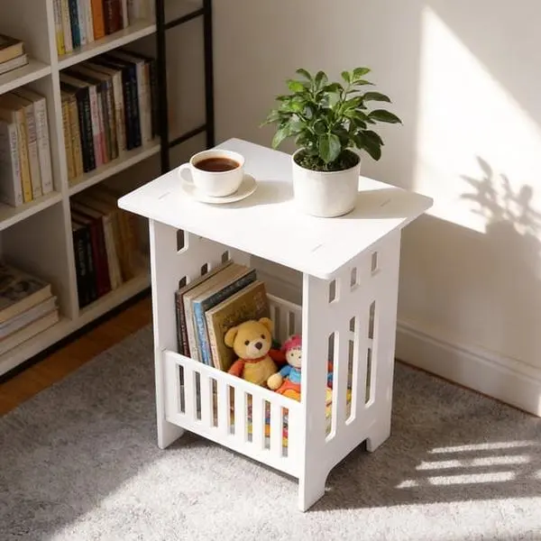 2-Tier White Compact Accent Side Table for Small Spaces, Living Room & Bedroom, 13.4”W×10.3”D×15.8”H (Kids’ Bedroom Compatible)