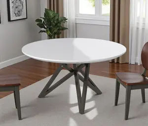HomeRoots Modern Dining Room Table with Dining Room Inspo, 29.5x47.3x47.3 in, White & Gray Wood Round Top, Stainless Steel Cross-Leg Base, Indoor Tables & Desks Furniture