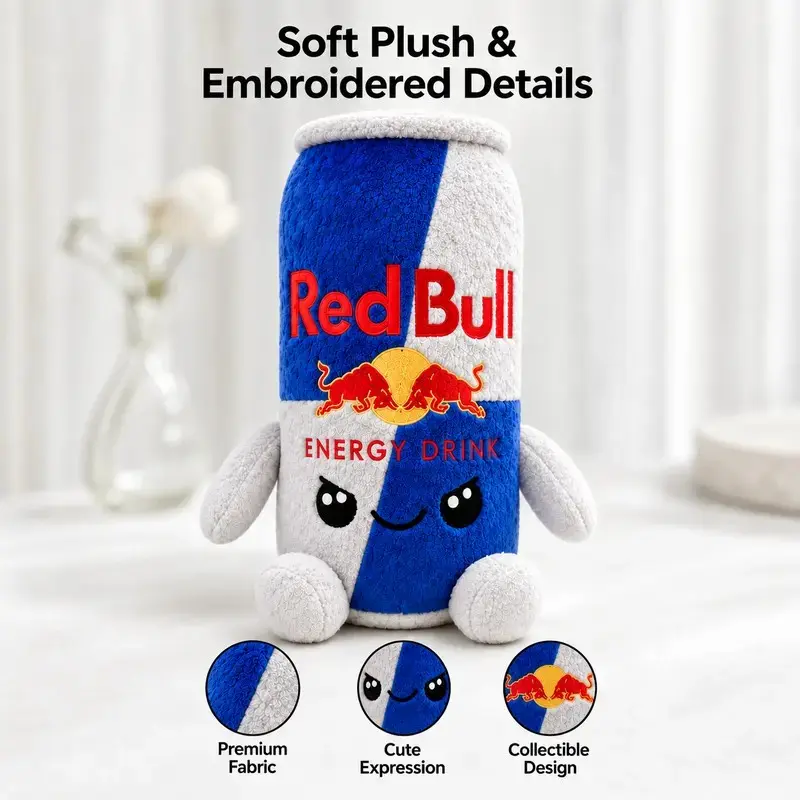 Red Bull energy drink can plush toy, 8.7 inches soft plush, perfect for gamers' desktop decorations, customization, room decorations, and fan gifts.