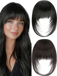10 inch straight bangs hairpiece with sideburns long wispy clip on fringe French bangs natural invisible seamless thick synthetic hair fake hairpiece simple basic style for daily wear