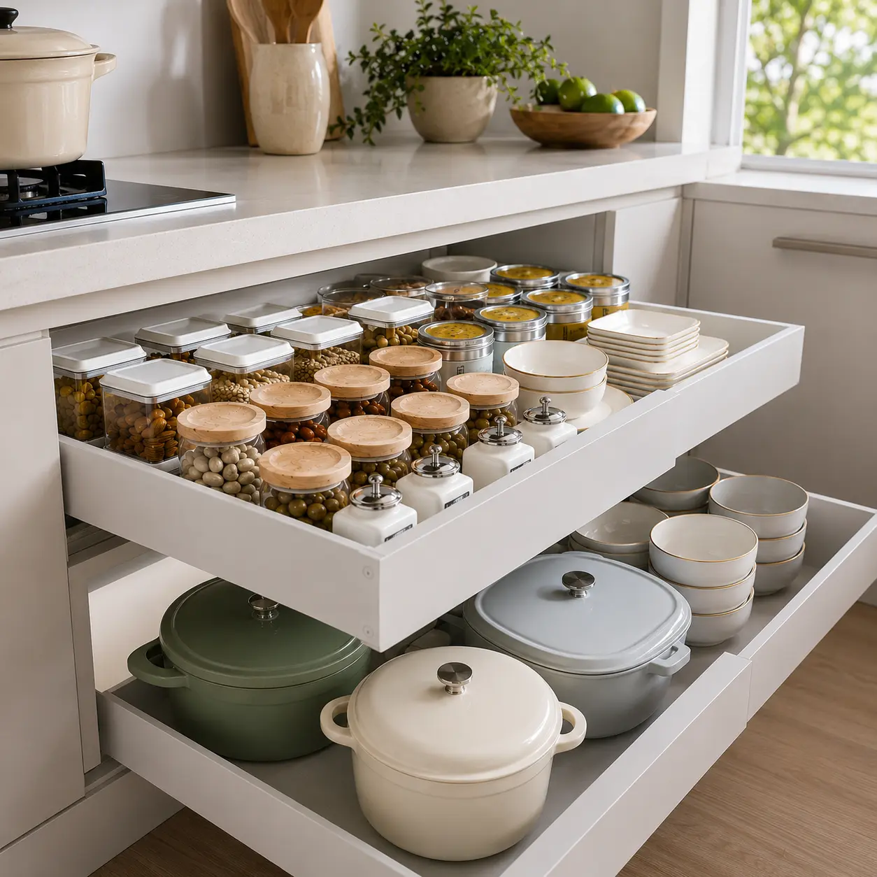 Industrial Carbon Steel Rectangular Expandable Pull-Out Drawer Organizer - Adjustable Expandable Size, Smooth Scratch Res., Deep Sliding Shelf Storage Rack for Kitchen Cabinets, Compatible with Adhesive Shelf Organizers