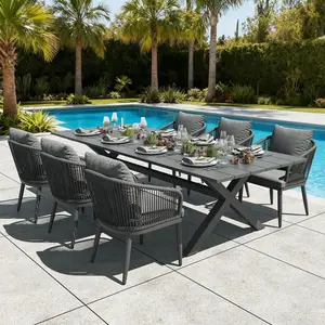 LayinSun Outdoor Patio Dining Set, 98 inchs Aluminium Rectangular Dining Table and Wicker Rattan Chairs Set for Outside Backyard, Poolside