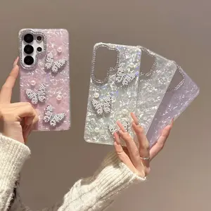 Suitable for Samsung Galaxy S26 S25 S24 S23 Ultra Plus FE EdgePearl Butterfly Heart Shell Pattern Diamond-Embedded Lens Frame Phone Case for Women Girls