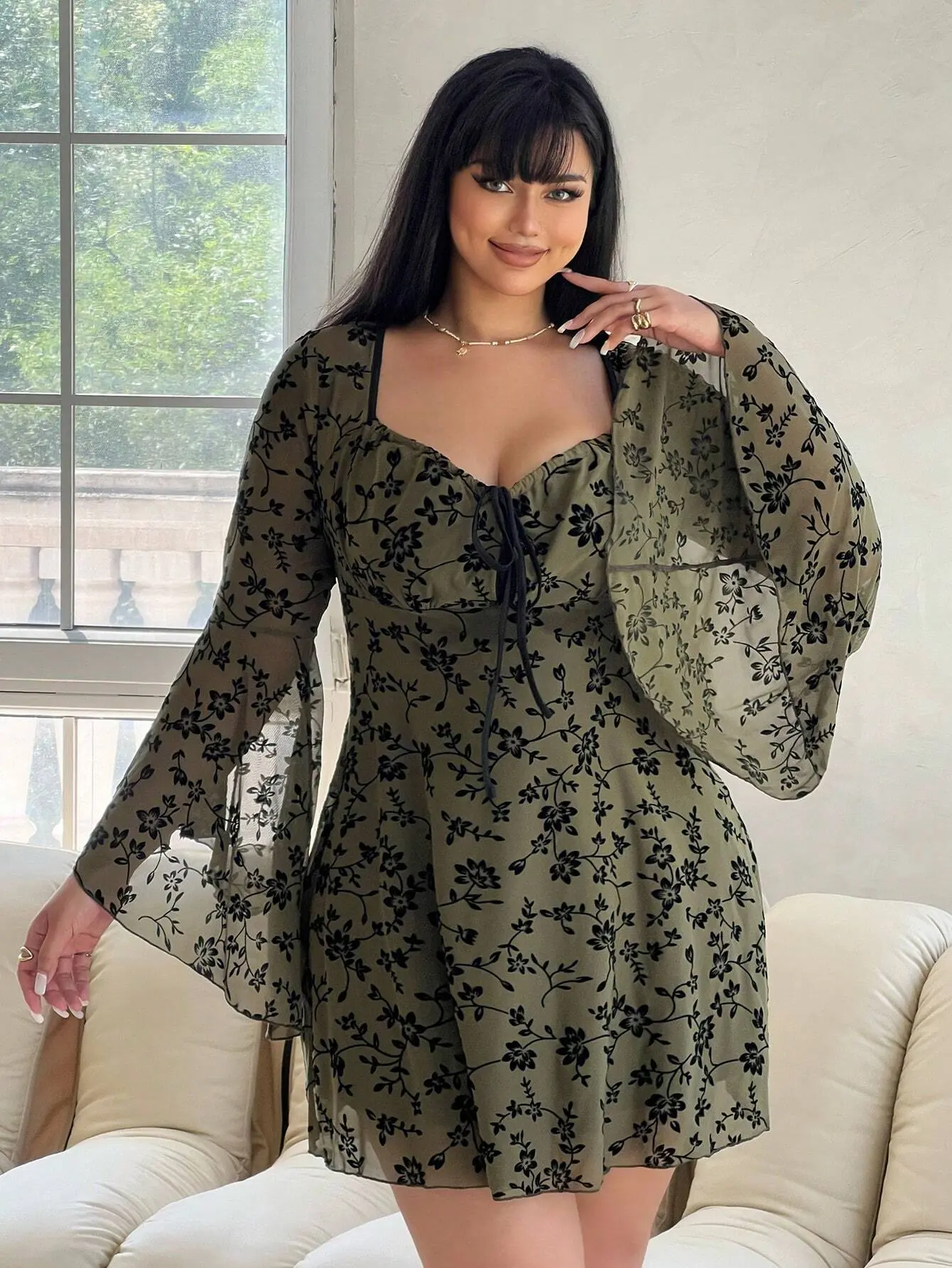 long sleeve midi dress spring Long Sleeve Square Neck Fit & Flare Midi Dress main image 1